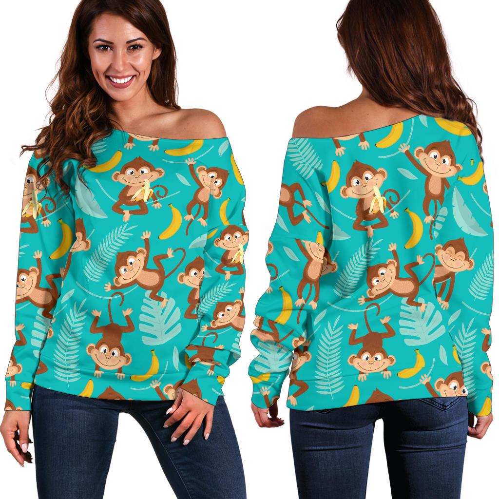 Monkey Happy Design Themed Print Off Shoulder Sweatshirt