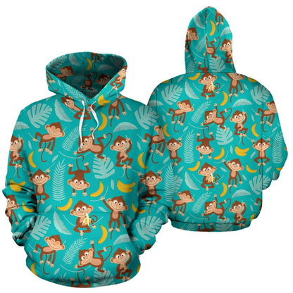 Monkey Happy Design Themed Print Pullover Hoodie