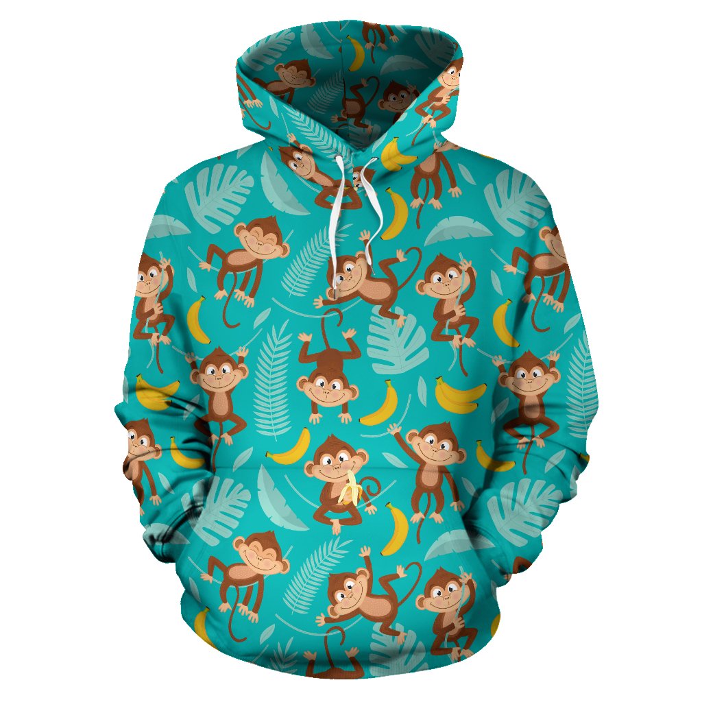 Monkey Happy Design Themed Print Pullover Hoodie