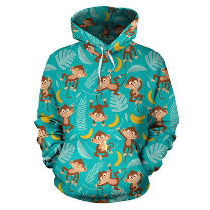 Monkey Happy Design Themed Print Pullover Hoodie