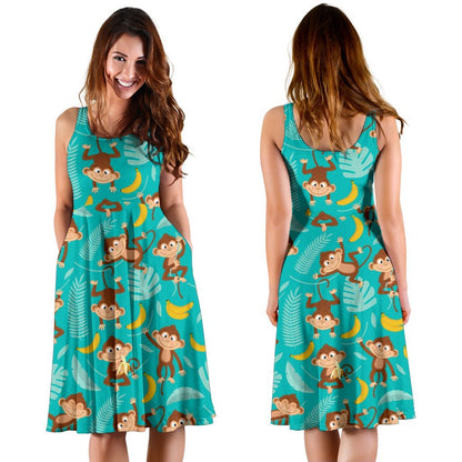 Monkey Happy Design Themed Print Sleeveless Dress