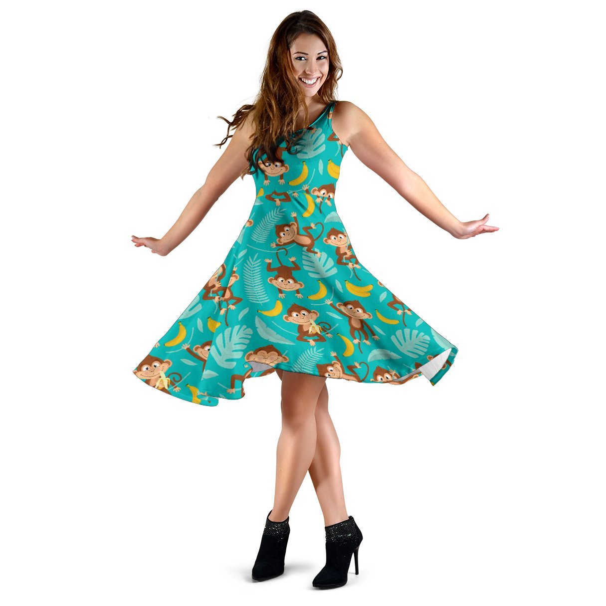 Monkey Happy Design Themed Print Sleeveless Dress