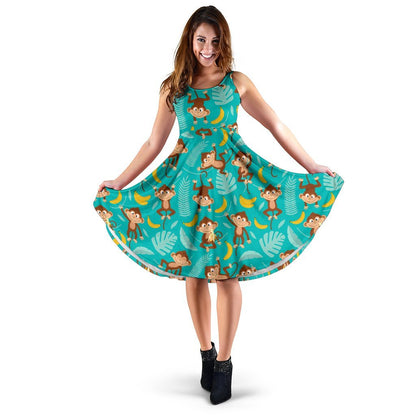 Monkey Happy Design Themed Print Sleeveless Dress