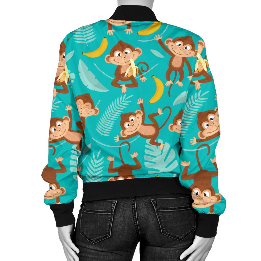 Monkey Happy Design Themed Print Women Casual Bomber Jacket