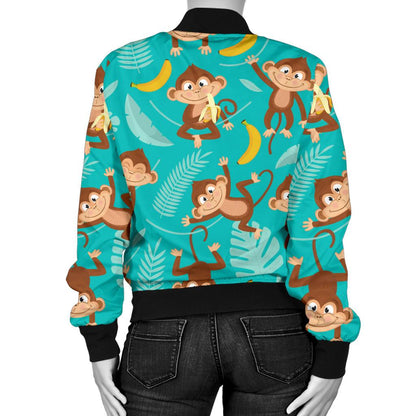 Monkey Happy Design Themed Print Women Casual Bomber Jacket