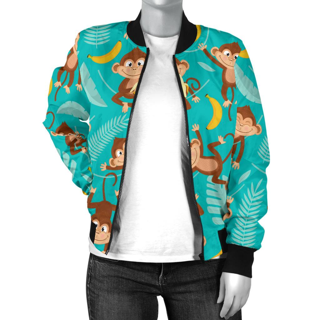 Monkey Happy Design Themed Print Women Casual Bomber Jacket