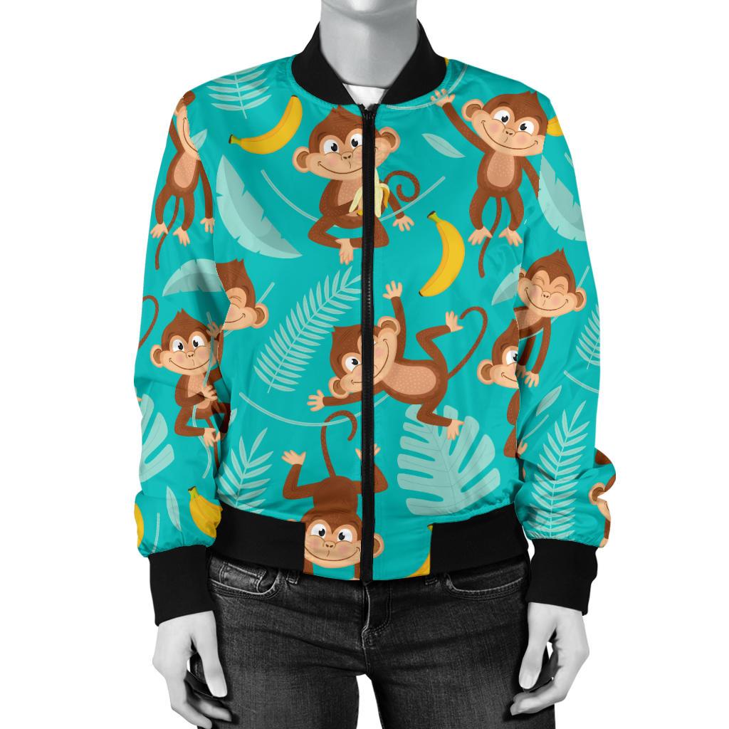 Monkey Happy Design Themed Print Women Casual Bomber Jacket