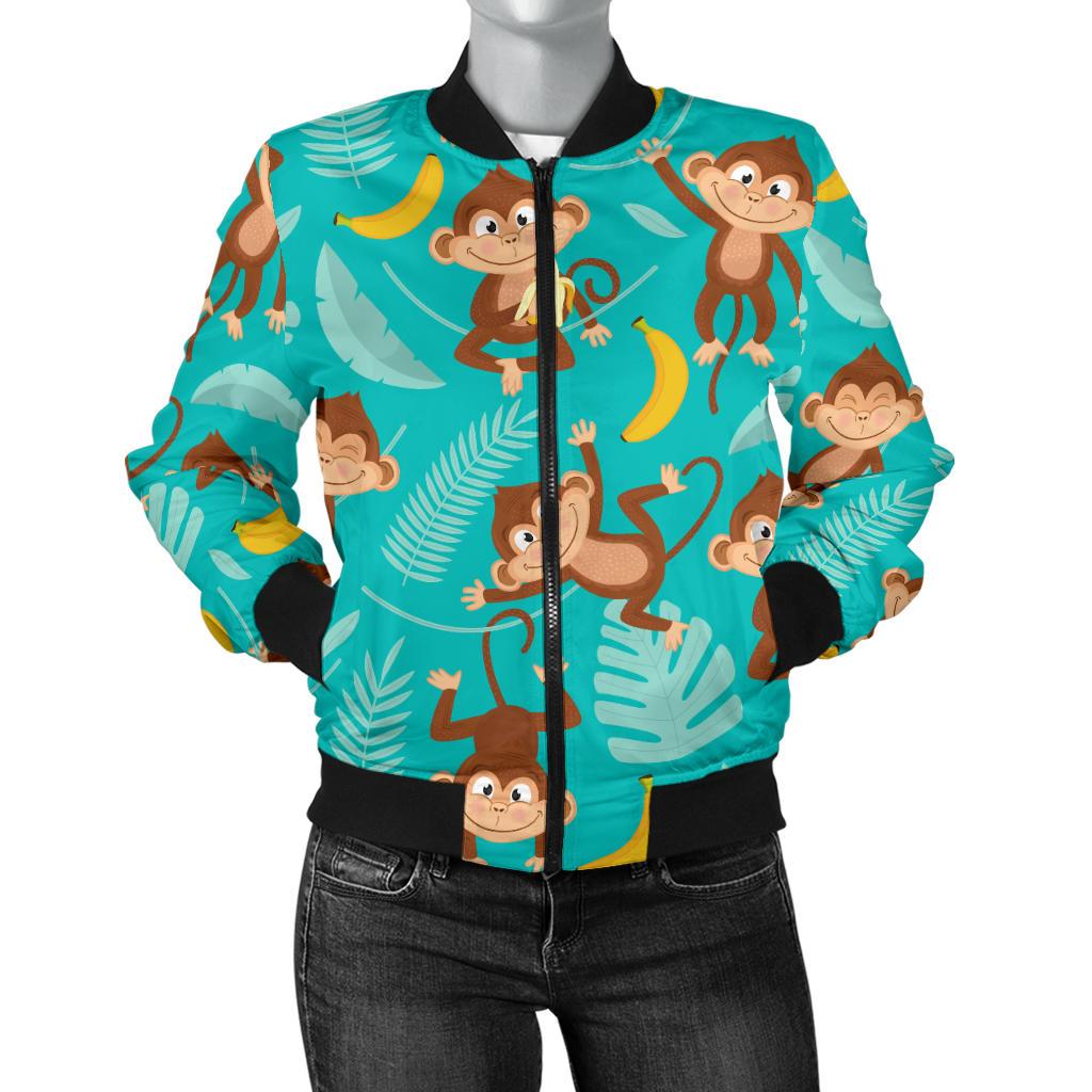 Monkey Happy Design Themed Print Women Casual Bomber Jacket