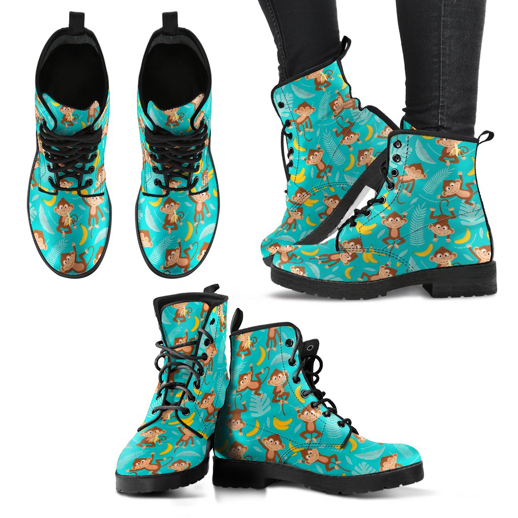 Monkey Happy Design Themed Print Women Leather Boots-JTAMIGO.COM