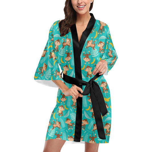 Monkey Happy Design Themed Print Women Short Kimono Robe