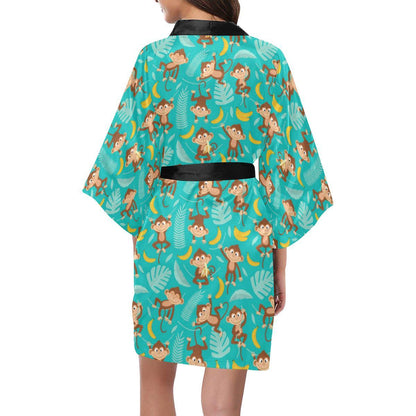 Monkey Happy Design Themed Print Women Short Kimono Robe