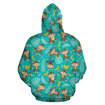 Monkey Happy Design Themed Print Zip Up Hoodie