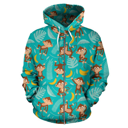 Monkey Happy Design Themed Print Zip Up Hoodie