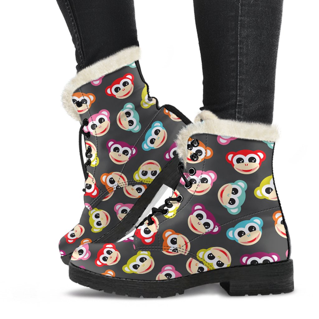 Monkey Head Design Themed Print Faux Fur Leather Boots-JTAMIGO.COM