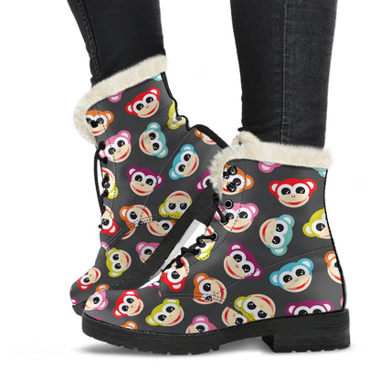 Monkey Head Design Themed Print Faux Fur Leather Boots-JTAMIGO.COM