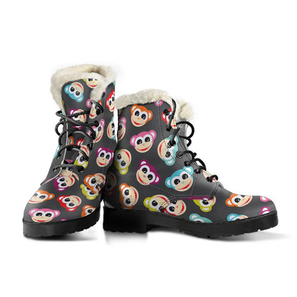 Monkey Head Design Themed Print Faux Fur Leather Boots-JTAMIGO.COM