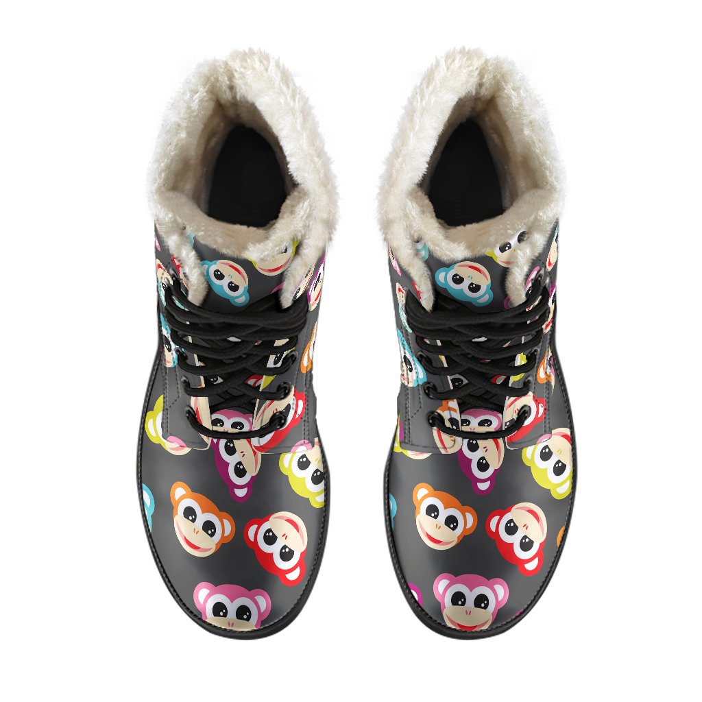 Monkey Head Design Themed Print Faux Fur Leather Boots-JTAMIGO.COM