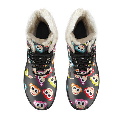 Monkey Head Design Themed Print Faux Fur Leather Boots-JTAMIGO.COM