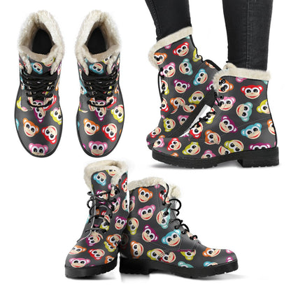 Monkey Head Design Themed Print Faux Fur Leather Boots-JTAMIGO.COM