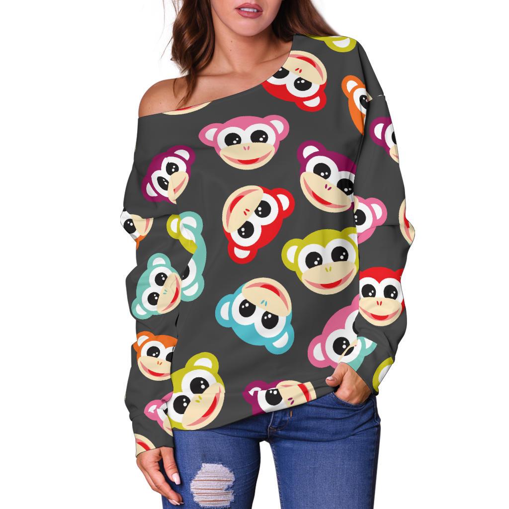 Monkey Head Design Themed Print Off Shoulder Sweatshirt