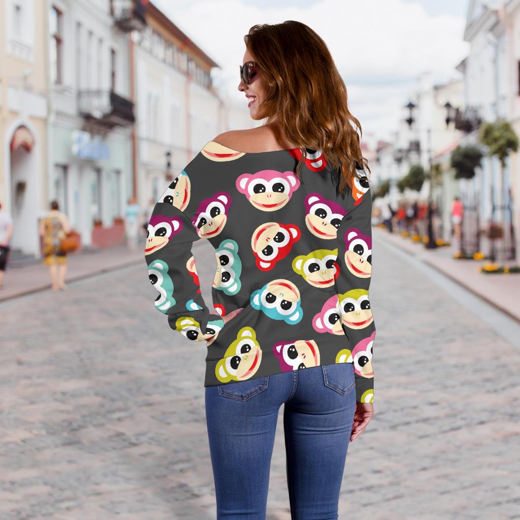 Monkey Head Design Themed Print Off Shoulder Sweatshirt