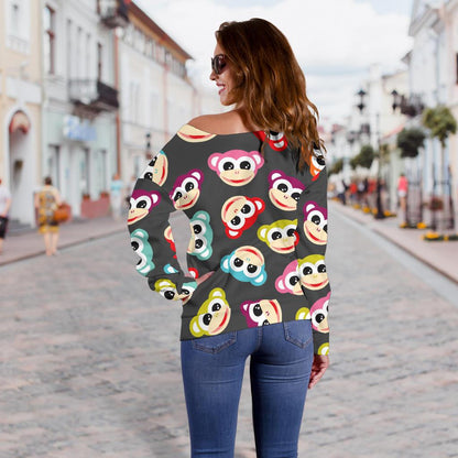 Monkey Head Design Themed Print Off Shoulder Sweatshirt
