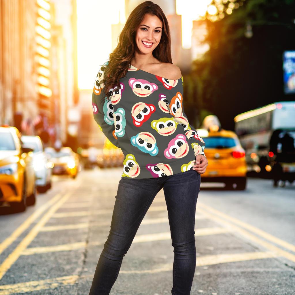 Monkey Head Design Themed Print Off Shoulder Sweatshirt