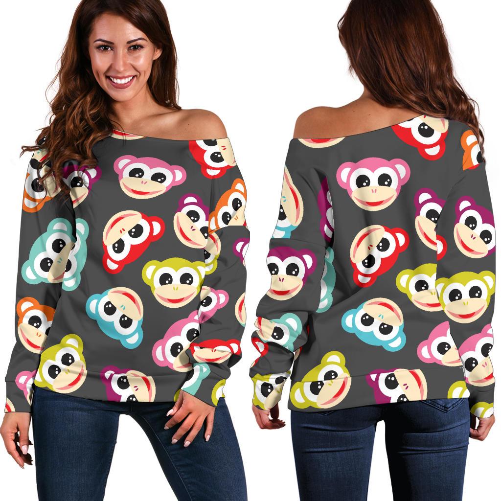Monkey Head Design Themed Print Off Shoulder Sweatshirt