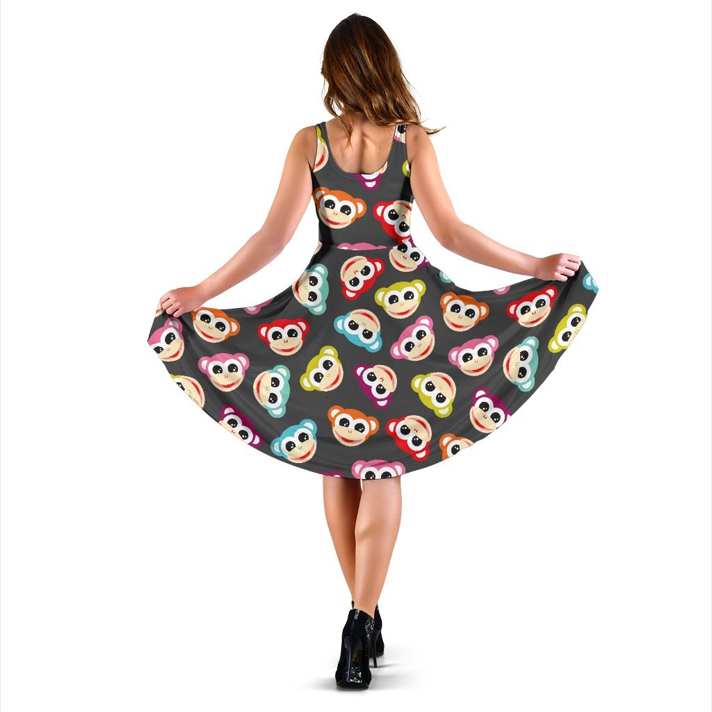 Monkey Head Design Themed Print Sleeveless Dress