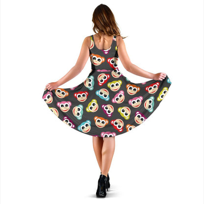 Monkey Head Design Themed Print Sleeveless Dress