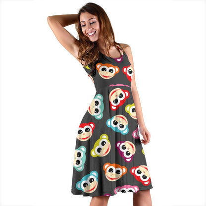 Monkey Head Design Themed Print Sleeveless Dress