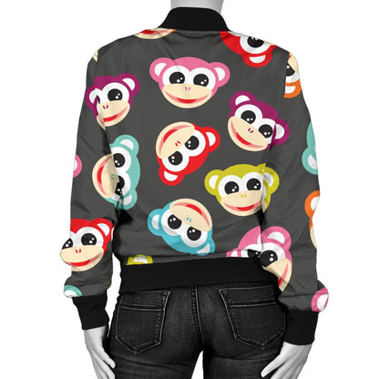 Monkey Head Design Themed Print Women Casual Bomber Jacket
