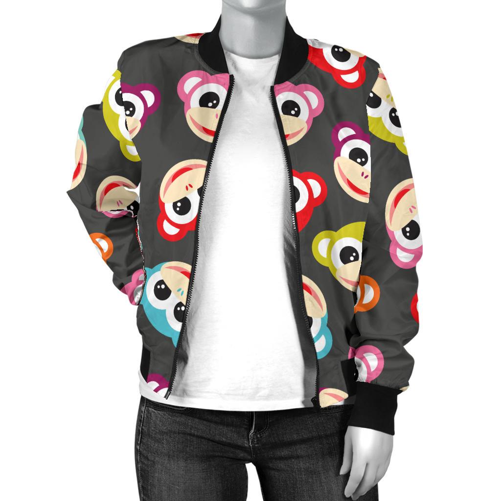 Monkey Head Design Themed Print Women Casual Bomber Jacket