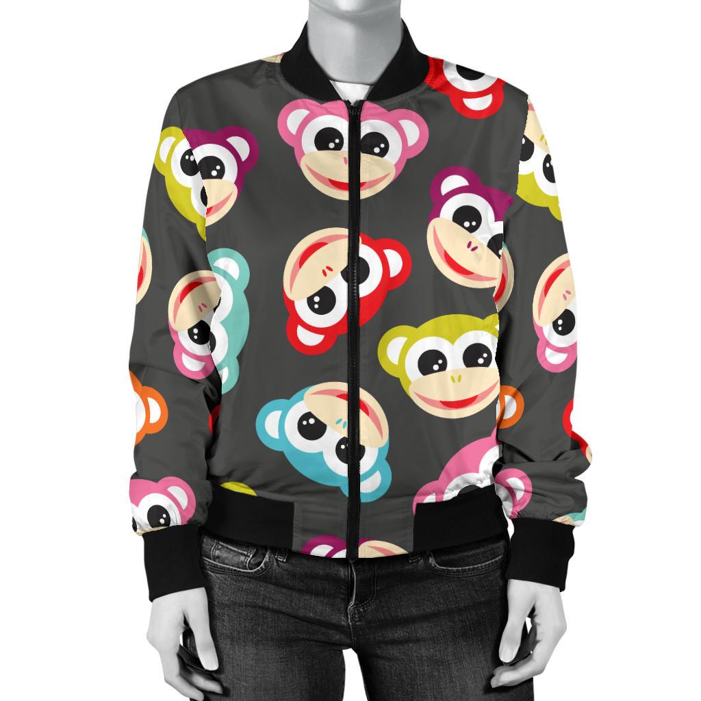 Monkey Head Design Themed Print Women Casual Bomber Jacket