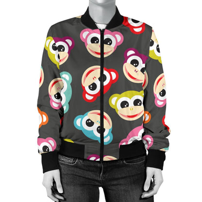 Monkey Head Design Themed Print Women Casual Bomber Jacket