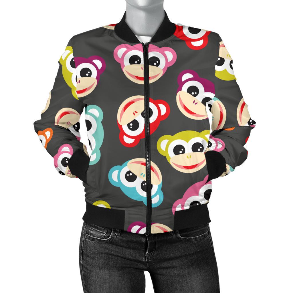 Monkey Head Design Themed Print Women Casual Bomber Jacket
