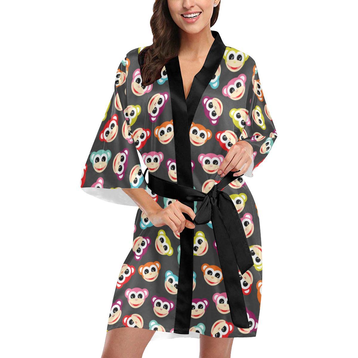 Monkey Head Design Themed Print Women Short Kimono Robe