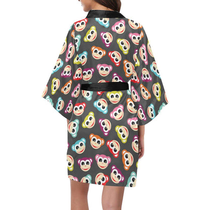 Monkey Head Design Themed Print Women Short Kimono Robe