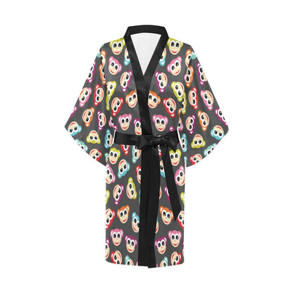 Monkey Head Design Themed Print Women Short Kimono Robe