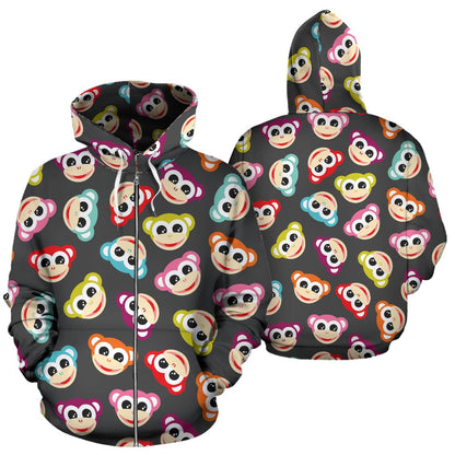 Monkey Head Design Themed Print Zip Up Hoodie