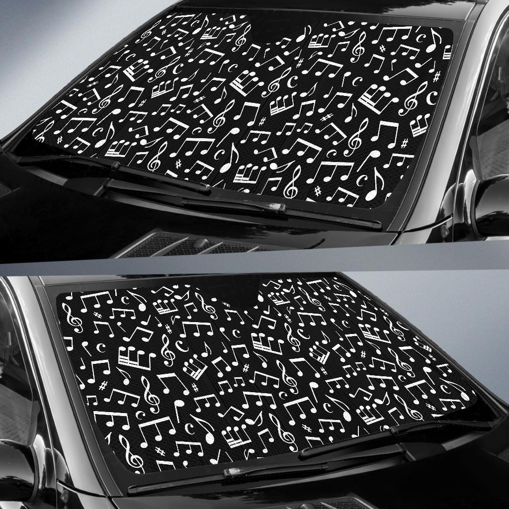 Music Note Black white Themed Print Car Sun Shade For Windshield