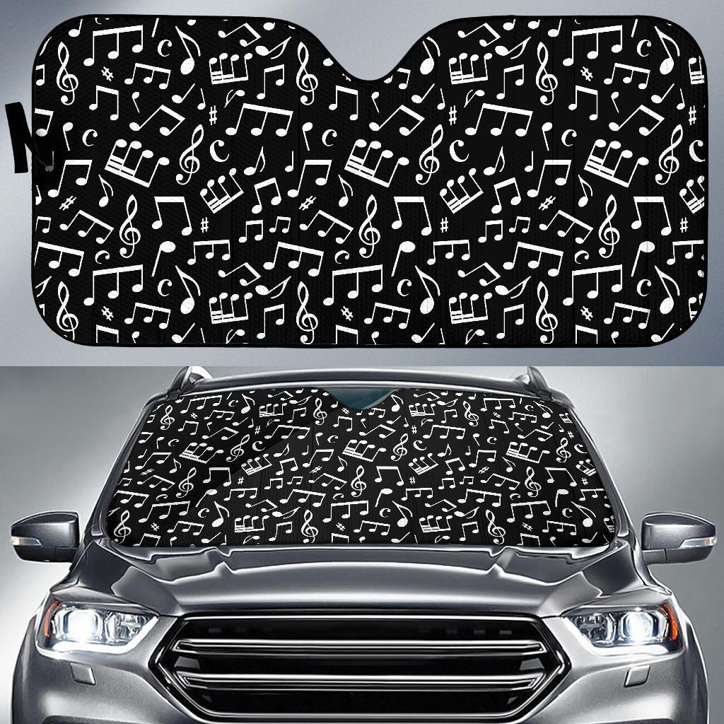 Music Note Black white Themed Print Car Sun Shade For Windshield