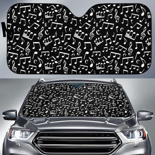 Music Note Black white Themed Print Car Sun Shade For Windshield