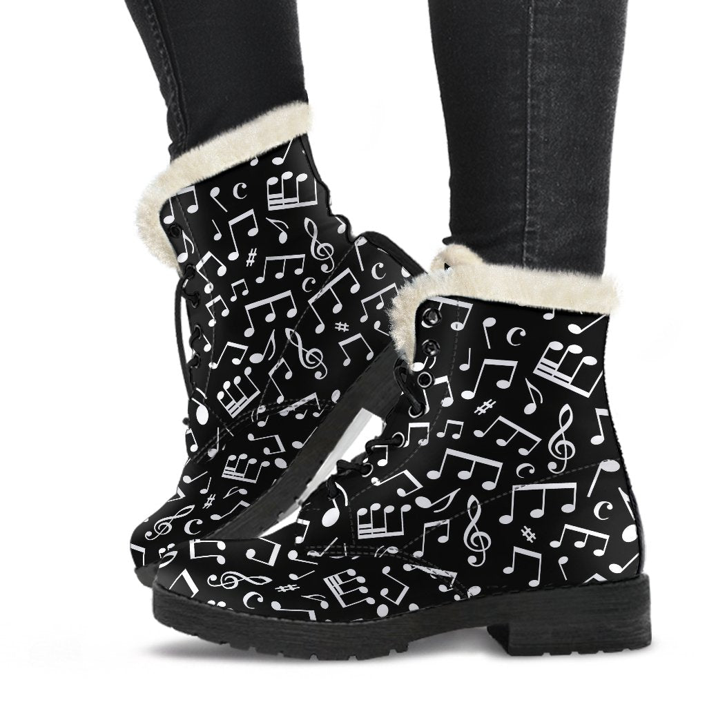 Music Note Black white Themed Print Faux Fur Leather Boots-JTAMIGO.COM