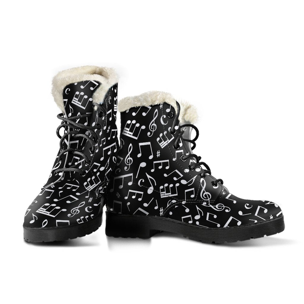 Music Note Black white Themed Print Faux Fur Leather Boots-JTAMIGO.COM