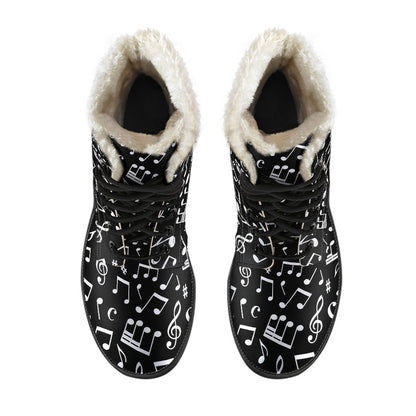 Music Note Black white Themed Print Faux Fur Leather Boots-JTAMIGO.COM
