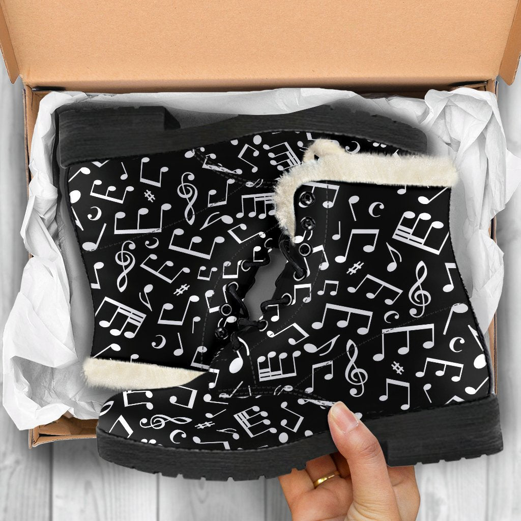 Music Note Black white Themed Print Faux Fur Leather Boots-JTAMIGO.COM