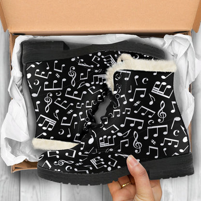 Music Note Black white Themed Print Faux Fur Leather Boots-JTAMIGO.COM