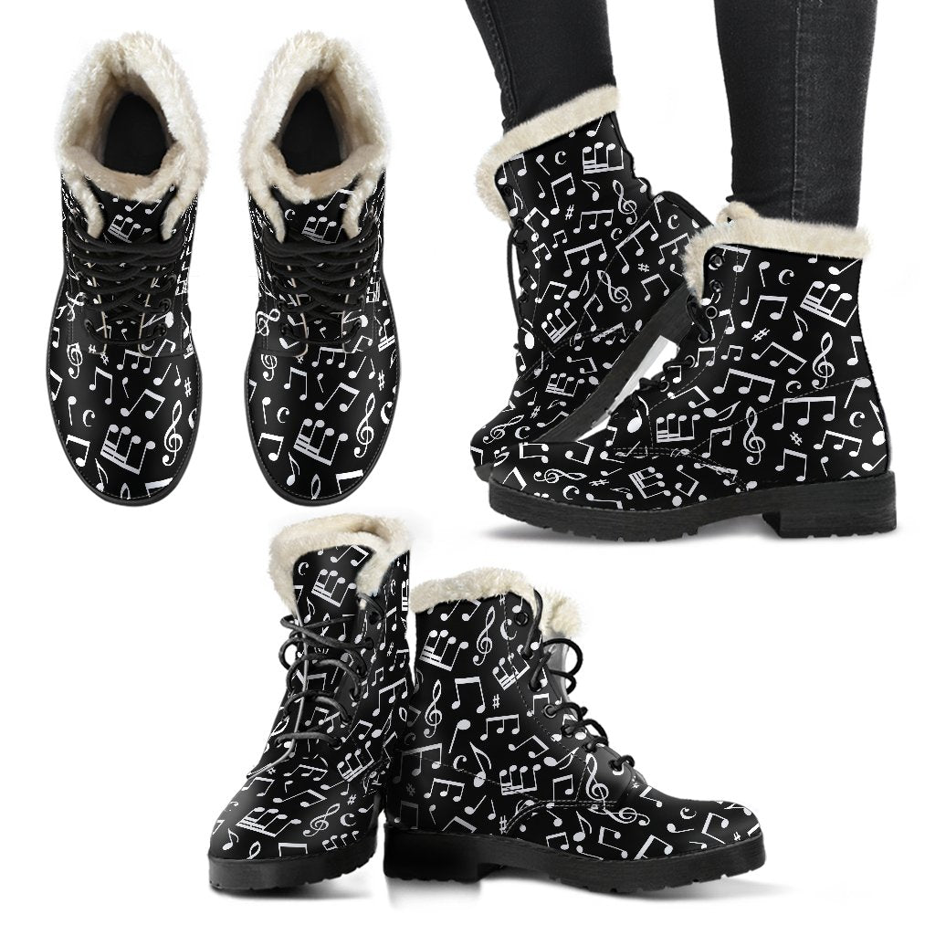 Music Note Black white Themed Print Faux Fur Leather Boots-JTAMIGO.COM