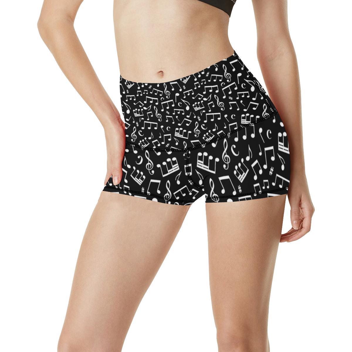 Music Note Black white Themed Print High Waisted Spandex Shorts-JTAMIGO.COM